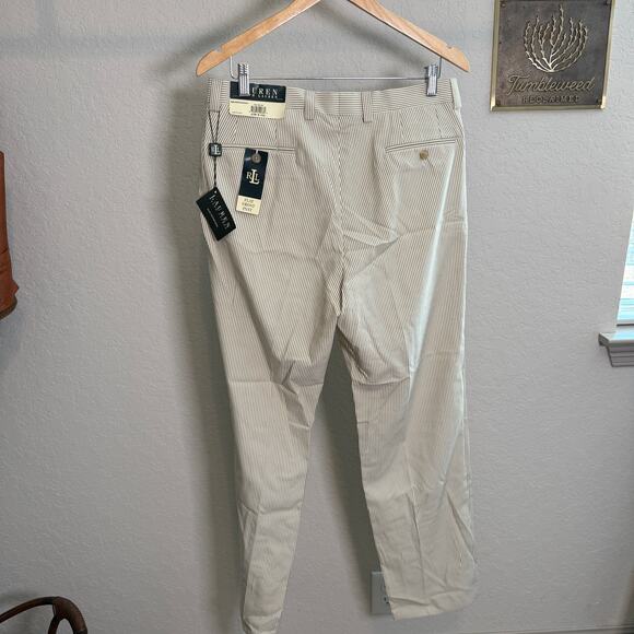 Men's Lauren Ralph Lauren Tan White Striped Seersucker‎ Dress Pants 33 x 32 NEW - Picture 9 of 11